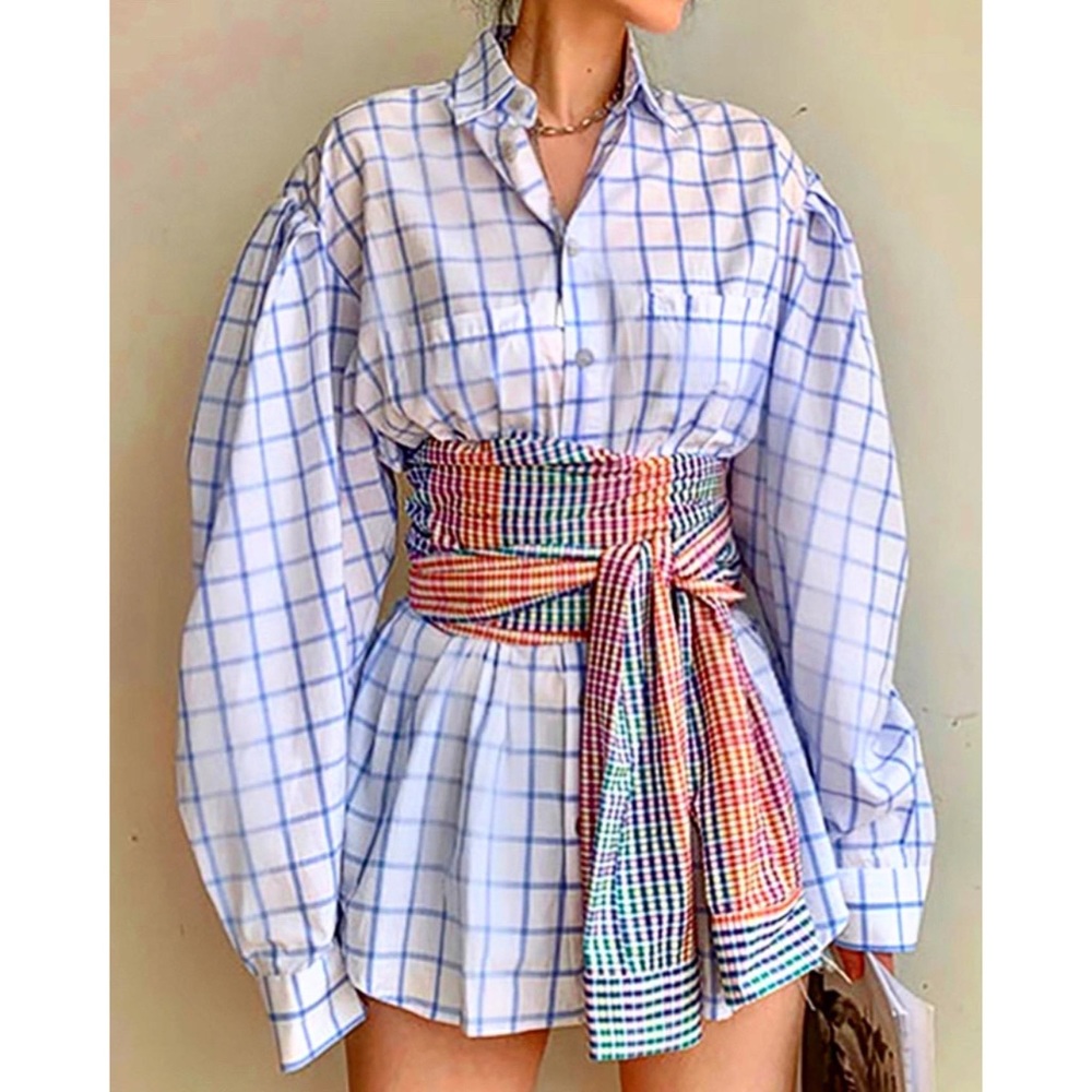 Puff Sleeve Tartan Shirt w/ Color Block waistband